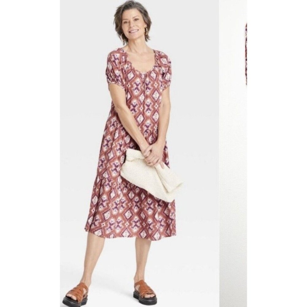 Women's Puff Short Sleeve Tiered A-Line Dress Knox Rose, Cognac Paisley Medium M